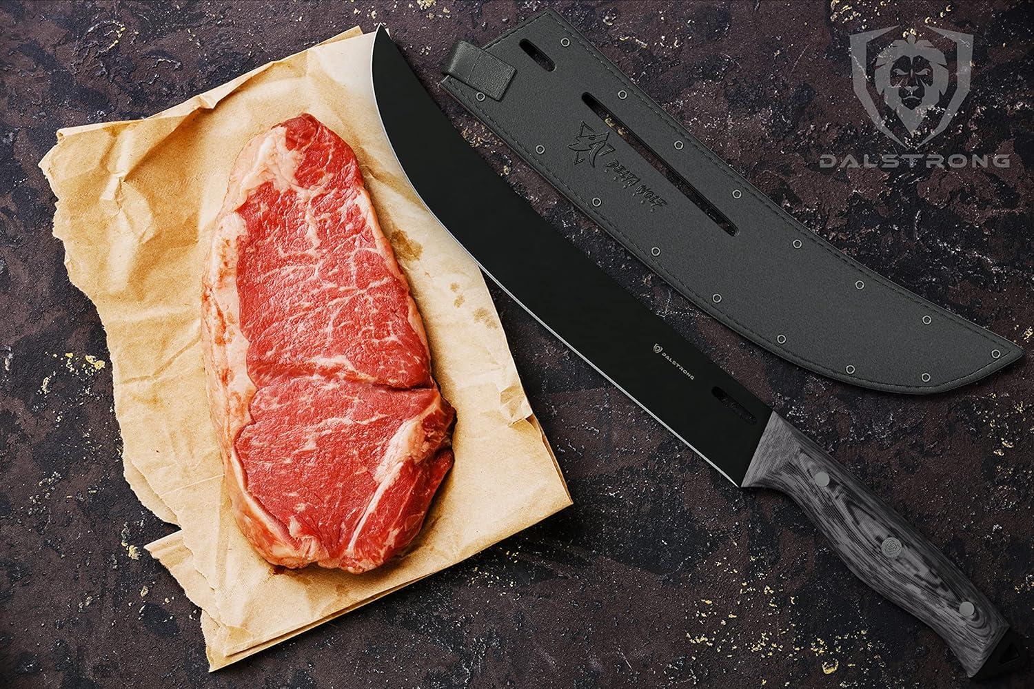 image:imageDalstrong Butcher Knife 10 inch Delta Wolf Series UltraThin Zero Friction Blade HC 9CR18MOV Steel Black Titanium Nitride Coating Breaking Knife G10 Camo Handle Leather SheathButcher Knife