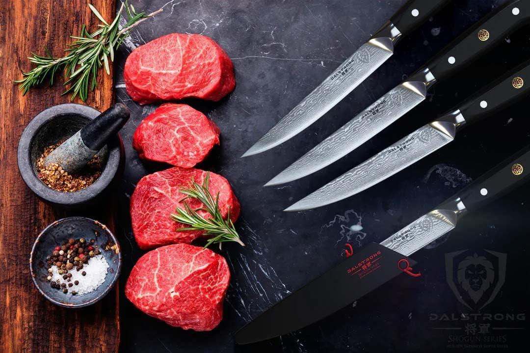 image:imageDalstrong Non Serrated Steak Knives Set of 45 inch Straight Blade Steak Knife Set Sheaths AUS10V Japanese Steel Black G10 Handle Shogun Series Elite Dinner Set Cuchillos para Carne