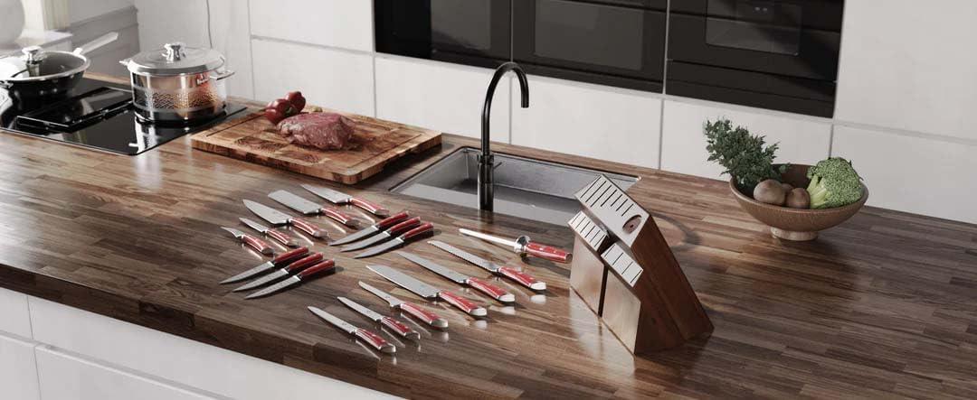 image:imageDalstrong 18Piece Kitchen Knife Set Block High Carbon German Steel Full Tang Acacia Wood Knife Block Set Black Handles ABS Gladiator Series Professional NSF Knives set for Kitchen CuchillosRed