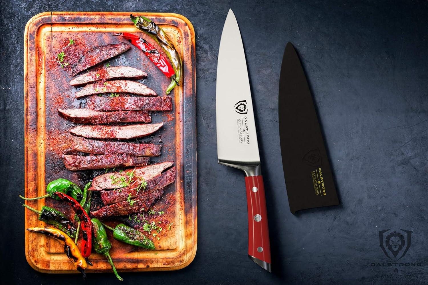 image:imageDalstrong Chef Knife 8 inch Blade Forged HC German Steel Chefs Knife Full Tang Black G10 Handle Gladiator Series ELITE Razor Sharp Kitchen Professional Sheath NSF CertifiedCrimson Red