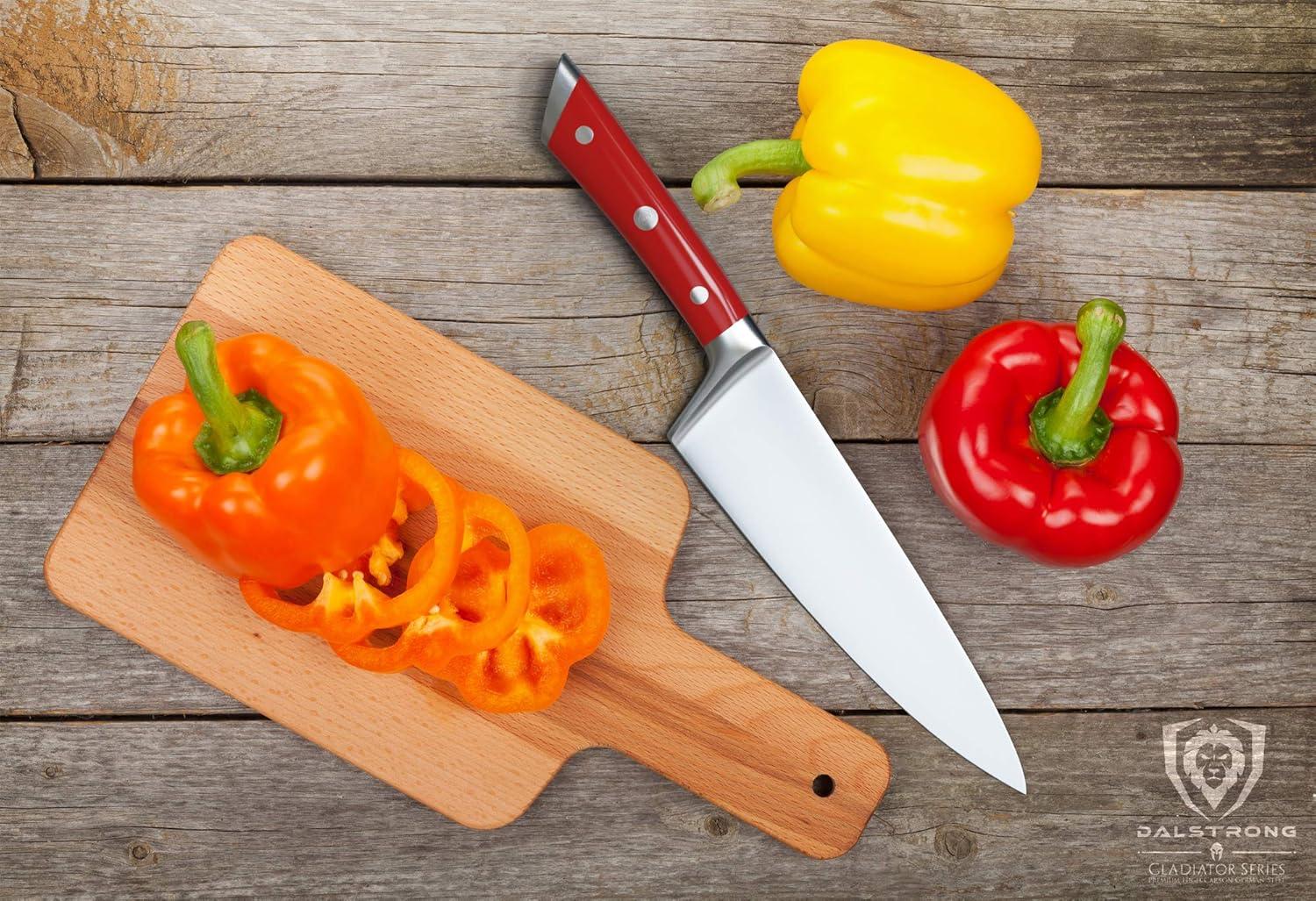 image:imageDalstrong Chef Knife 8 inch Blade Forged HC German Steel Chefs Knife Full Tang Black G10 Handle Gladiator Series ELITE Razor Sharp Kitchen Professional Sheath NSF CertifiedCrimson Red