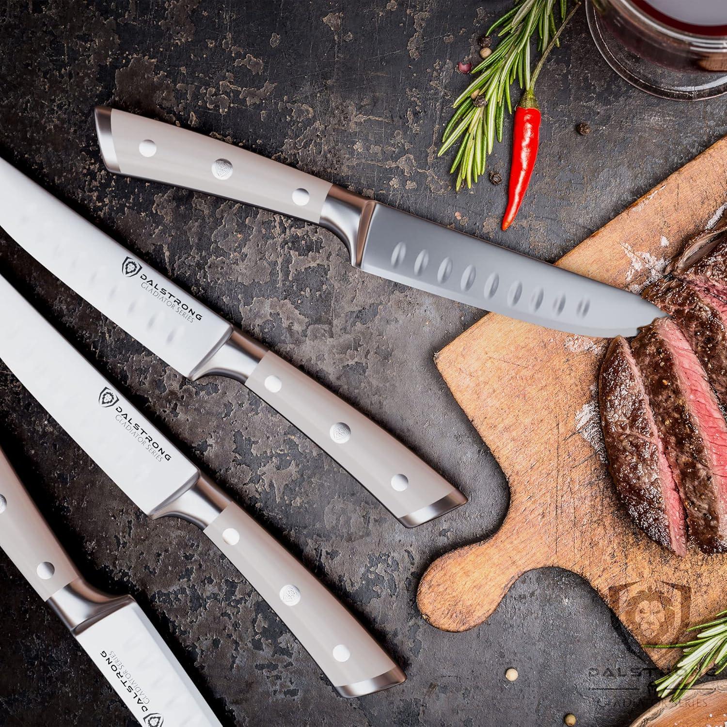 image:imageDalstrong Non Serrated Steak Knives Set of 45 inch Straight Blade Steak Knife Set Sheaths Forged German Steel Black G10 Handle Gladiator Series Elite Dinner Set NSF Cuchillos para CarneWhite