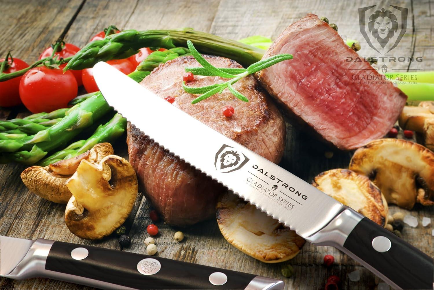 image:imageDalstrong Non Serrated Steak Knives Set of 45 inch Straight Blade Steak Knife Set Sheaths Forged German Steel Black G10 Handle Gladiator Series Elite Dinner Set NSF Cuchillos para CarneBlack