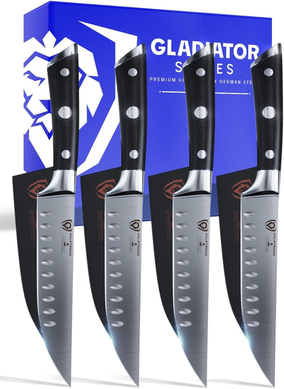 image:imageDalstrong Non Serrated Steak Knives Set of 45 inch Straight Blade Steak Knife Set Sheaths Forged German Steel Black G10 Handle Gladiator Series Elite Dinner Set NSF Cuchillos para CarneBlack