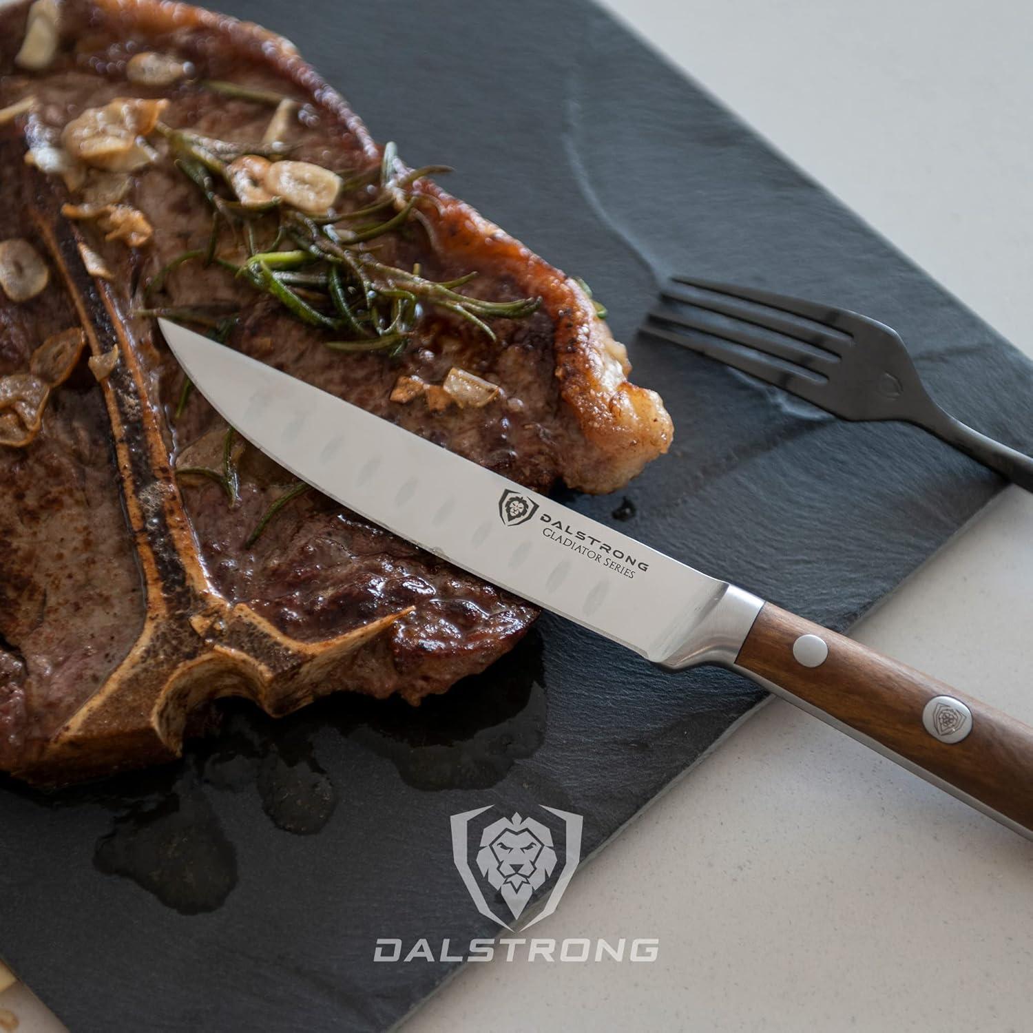 image:imageDalstrong Non Serrated Steak Knives Set of 45 inch Straight Blade Steak Knife Set Sheaths Forged German Steel Black G10 Handle Gladiator Series Elite Dinner Set NSF Cuchillos para CarneOlive