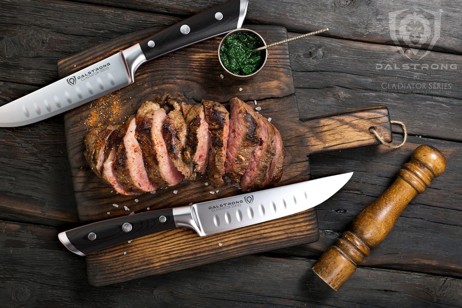 image:imageDalstrong Non Serrated Steak Knives Set of 45 inch Straight Blade Steak Knife Set Sheaths Forged German Steel Black G10 Handle Gladiator Series Elite Dinner Set NSF Cuchillos para CarneBlack