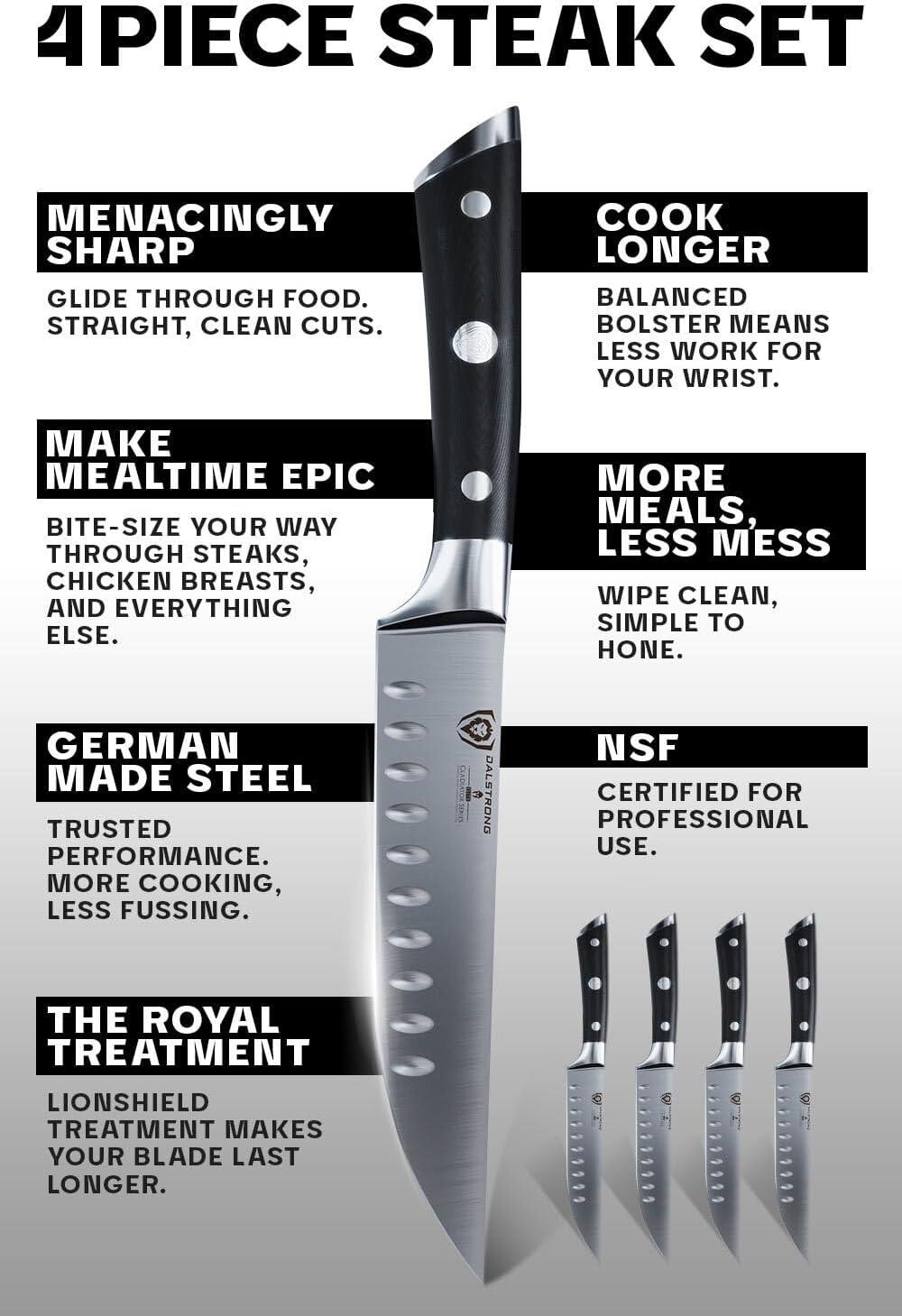 image:imageDalstrong Non Serrated Steak Knives Set of 45 inch Straight Blade Steak Knife Set Sheaths Forged German Steel Black G10 Handle Gladiator Series Elite Dinner Set NSF Cuchillos para CarneBlack
