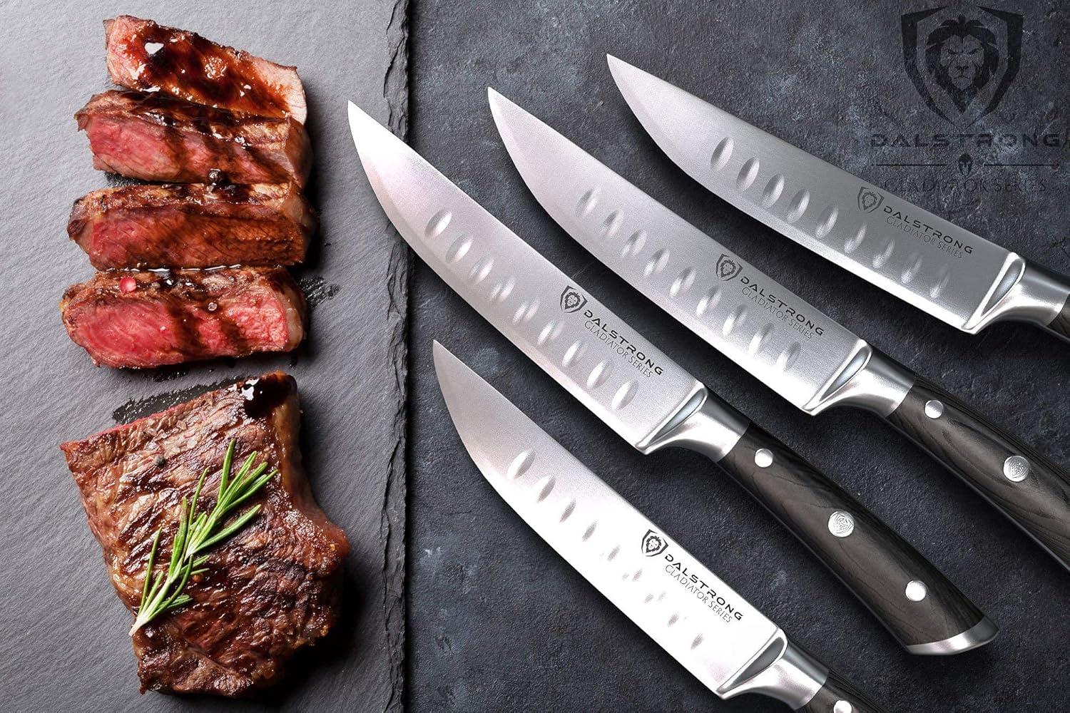 image:imageDalstrong Non Serrated Steak Knives Set of 45 inch Straight Blade Steak Knife Set Sheaths Forged German Steel Black G10 Handle Gladiator Series Elite Dinner Set NSF Cuchillos para CarneBlack