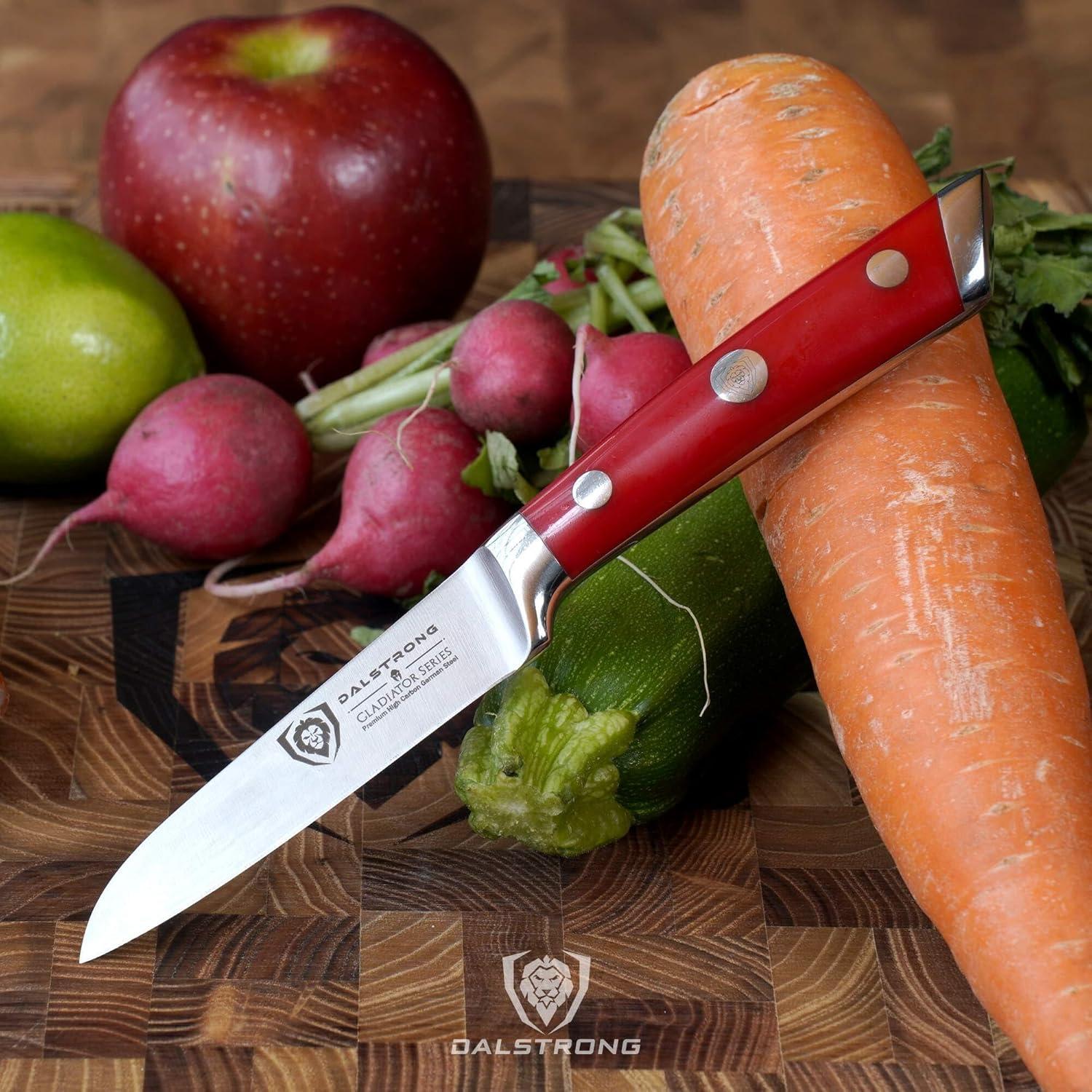 image:imageDalstrong Paring Knife 35 inch Forged HighCarbon German Steel Black G10 Handle Sheath Small Knife Fruit Vegetable Cutting Knife Gladiator Series Elite Razor Sharp Kitchen Knife NSFRed ABS Handle