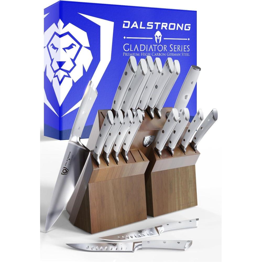 image:imageDalstrong 18Piece Kitchen Knife Set Block High Carbon German Steel Full Tang Acacia Wood Knife Block Set Black Handles ABS Gladiator Series Professional NSF Knives set for Kitchen CuchillosWhite