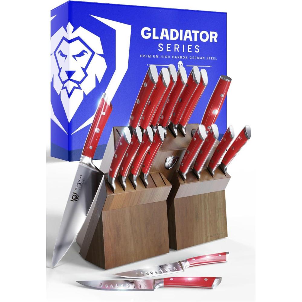 image:imageDalstrong 18Piece Kitchen Knife Set Block High Carbon German Steel Full Tang Acacia Wood Knife Block Set Black Handles ABS Gladiator Series Professional NSF Knives set for Kitchen CuchillosRed