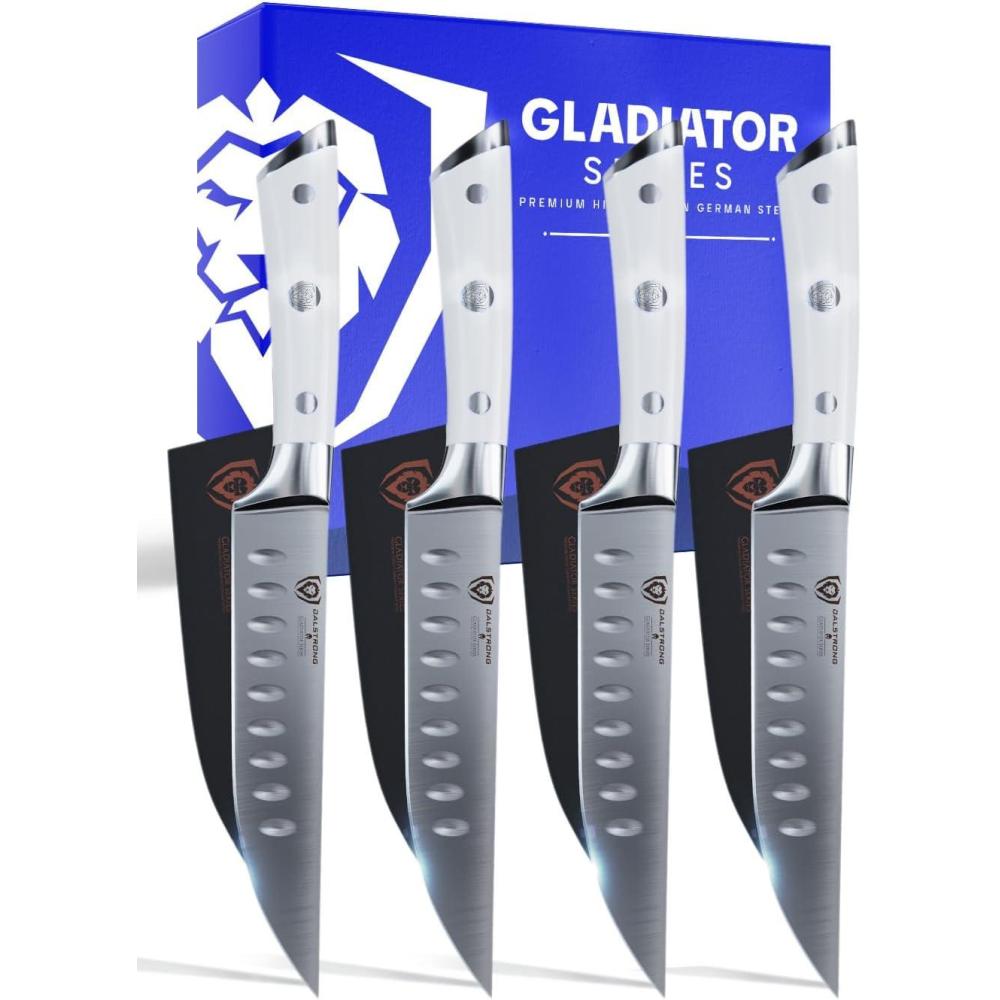image:imageDalstrong Non Serrated Steak Knives Set of 45 inch Straight Blade Steak Knife Set Sheaths Forged German Steel Black G10 Handle Gladiator Series Elite Dinner Set NSF Cuchillos para CarneWhite