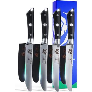 Dalstrong Non Serrated Steak Knives Set of 4-5 inch Straight Blade Steak Knife Set – Sheaths – Forged German Steel – Black G10 Handle – Gladiator Series Elite – Dinner Set – NSF Cuchillos para Carne(Black)