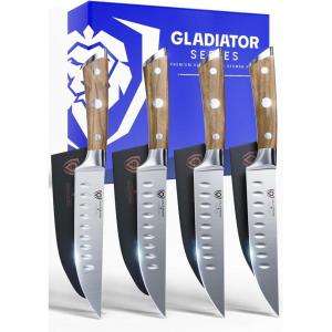 Dalstrong Non Serrated Steak Knives Set of 4-5 inch Straight Blade Steak Knife Set – Sheaths – Forged German Steel – Black G10 Handle – Gladiator Series Elite – Dinner Set – NSF Cuchillos para Carne(Olive)