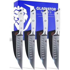 Dalstrong Non Serrated Steak Knives Set of 4-5 inch Straight Blade Steak Knife Set – Sheaths – Forged German Steel – Black G10 Handle – Gladiator Series Elite – Dinner Set – NSF Cuchillos para Carne(White)