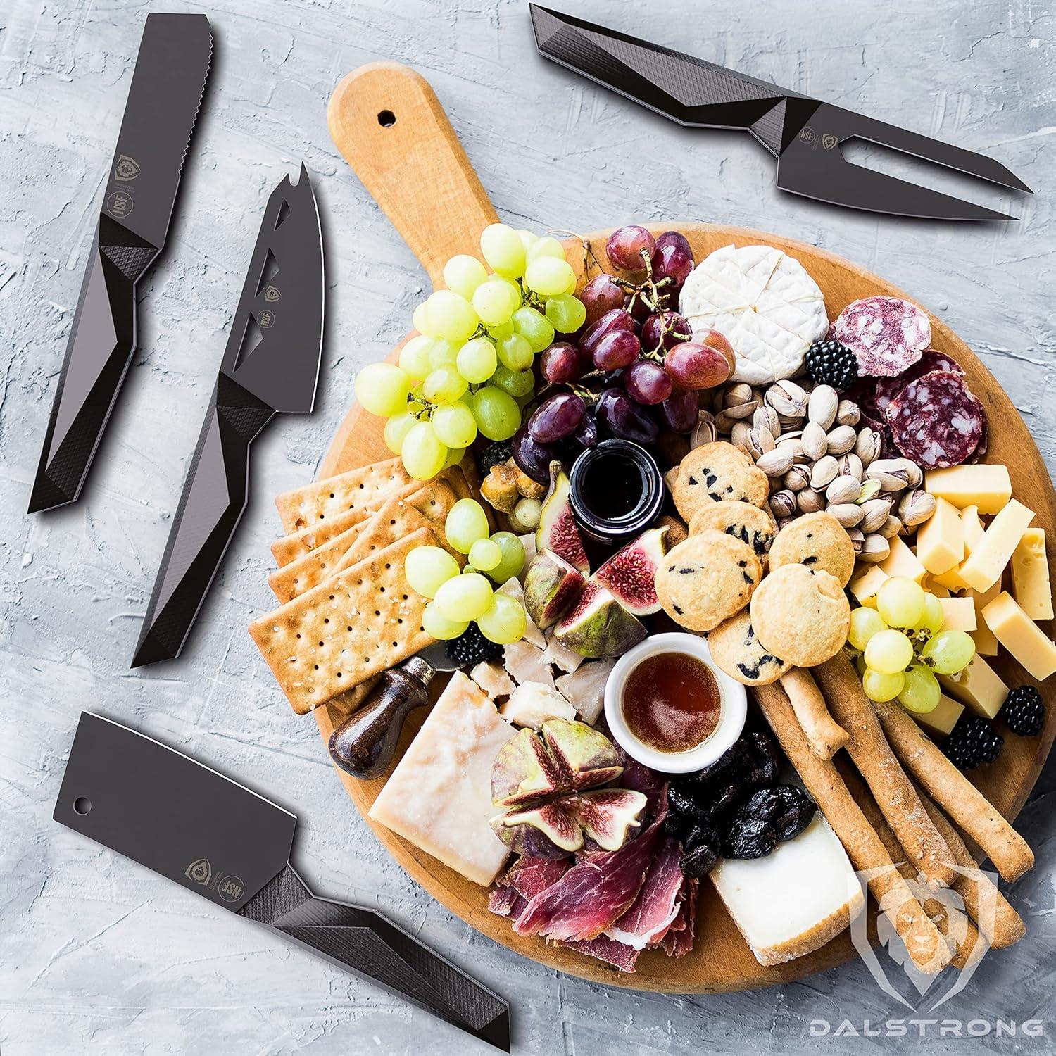 image:imageDALSTRONG Cheese Knife Set 4Piece Shadow Black Series Black Titanium Nitride Coated High Carbon 7CR17MOVX Vacuum Treated Steel Cheese Knives Set Sheath Soft Hard Cheese NSF Certified