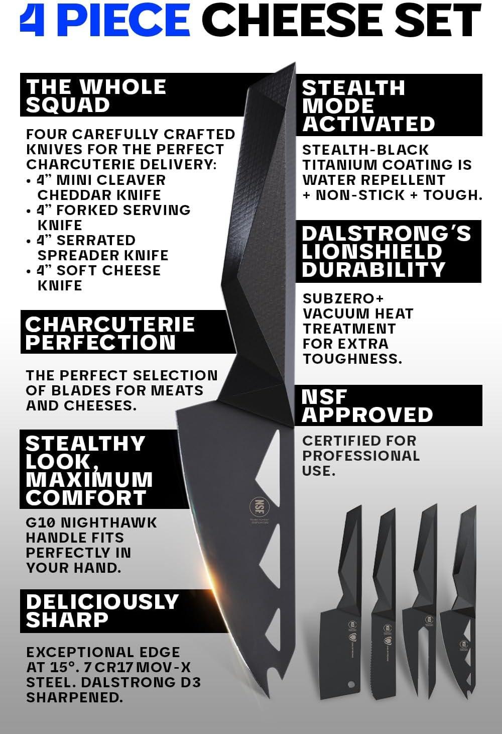 image:imageDALSTRONG Cheese Knife Set 4Piece Shadow Black Series Black Titanium Nitride Coated High Carbon 7CR17MOVX Vacuum Treated Steel Cheese Knives Set Sheath Soft Hard Cheese NSF Certified