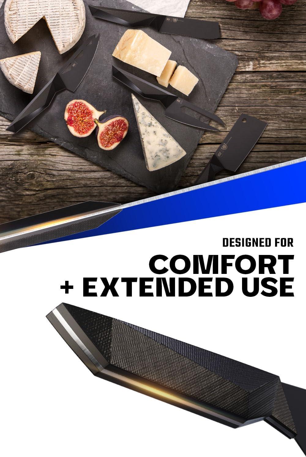 image:imageDALSTRONG Cheese Knife Set 4Piece Shadow Black Series Black Titanium Nitride Coated High Carbon 7CR17MOVX Vacuum Treated Steel Cheese Knives Set Sheath Soft Hard Cheese NSF Certified
