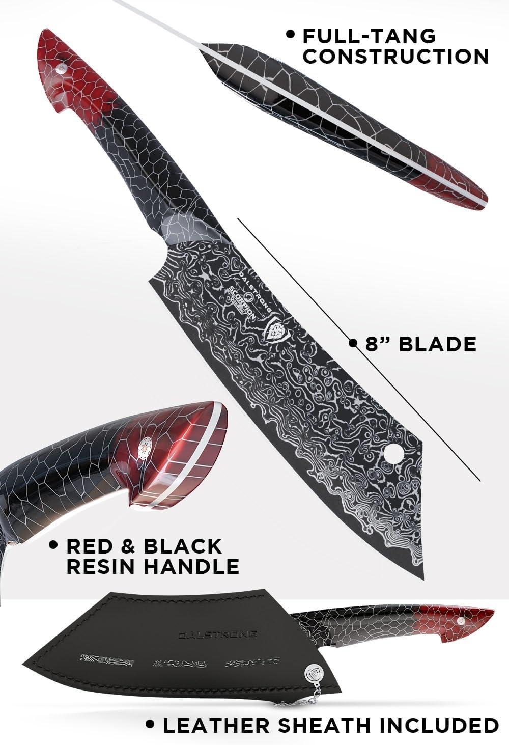 image:imageDalstrong Crixus Chef Knife 8 inch Scorpion Series Exclusive Japanese V12 Ultra Steel Black Damascus Black amp Red Honeycomb Resin Handle Versatile Chopping Kitchen Knife Leather Sheath8 Crixus Knife
