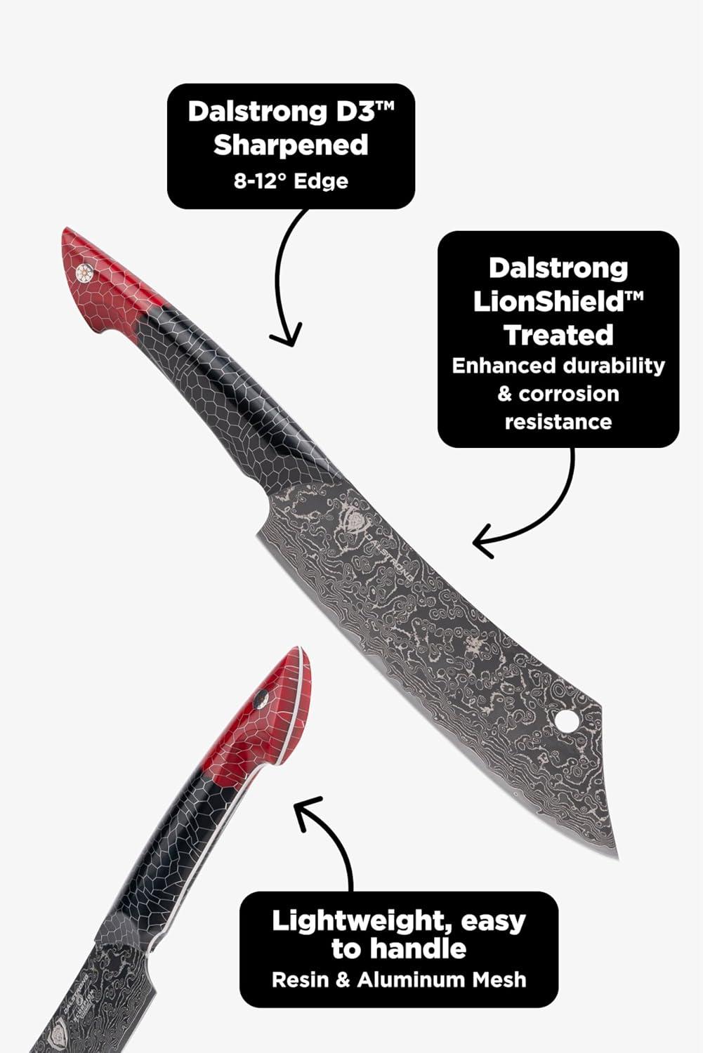 image:imageDalstrong Crixus Chef Knife 8 inch Scorpion Series Exclusive Japanese V12 Ultra Steel Black Damascus Black amp Red Honeycomb Resin Handle Versatile Chopping Kitchen Knife Leather Sheath8 Crixus Knife