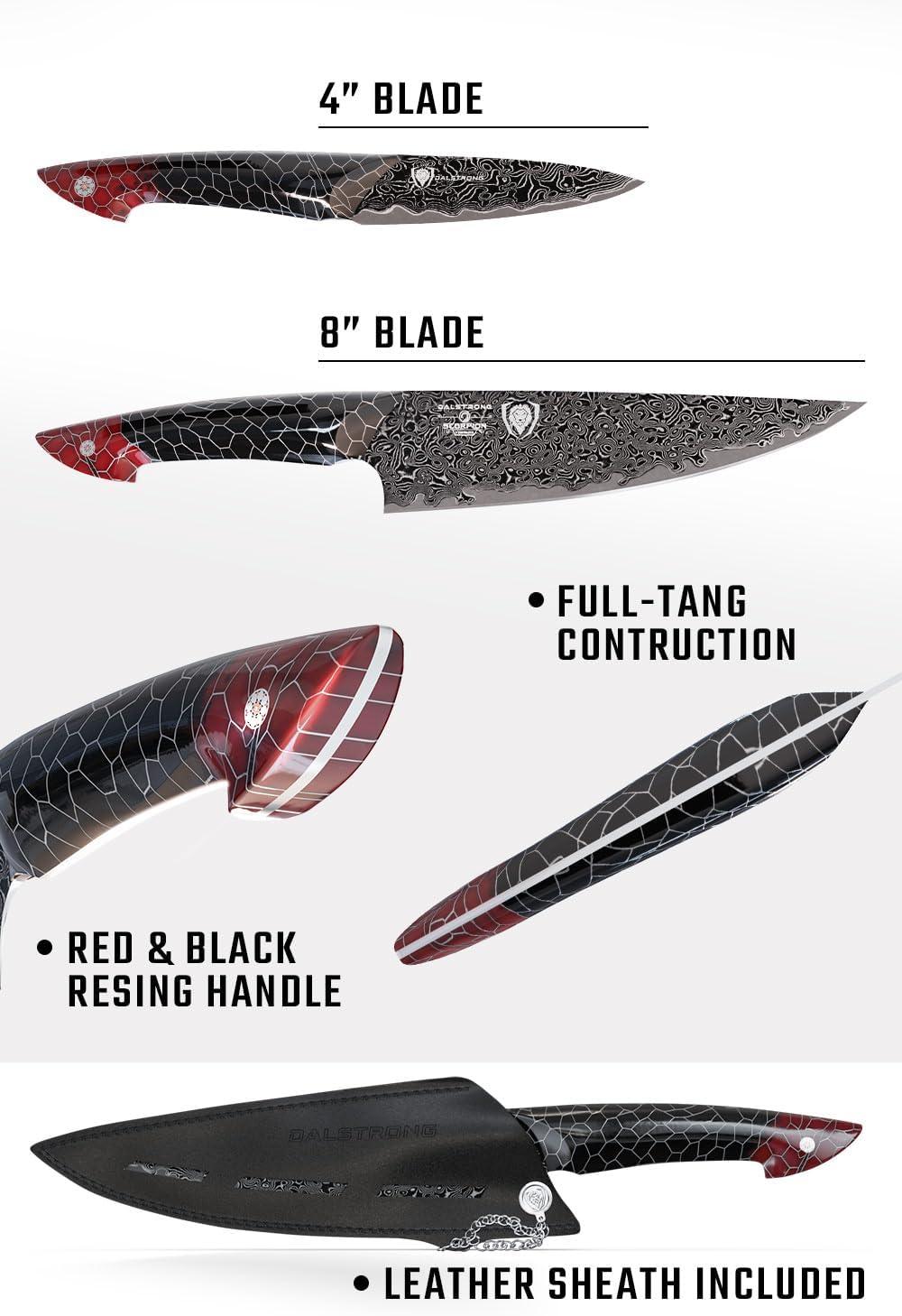 image:imageDalstrong Crixus Chef Knife 8 inch Scorpion Series Exclusive Japanese V12 Ultra Steel Black Damascus Black amp Red Honeycomb Resin Handle Versatile Chopping Kitchen Knife Leather Sheath2pc 8 Set