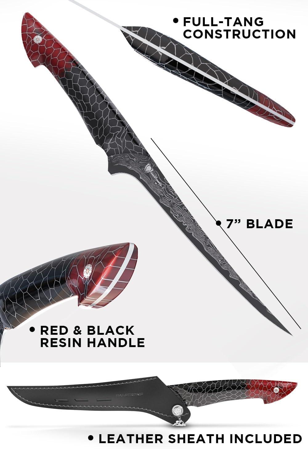 image:imageDalstrong Crixus Chef Knife 8 inch Scorpion Series Exclusive Japanese V12 Ultra Steel Black Damascus Black amp Red Honeycomb Resin Handle Versatile Chopping Kitchen Knife Leather Sheath7 Fillet Knife
