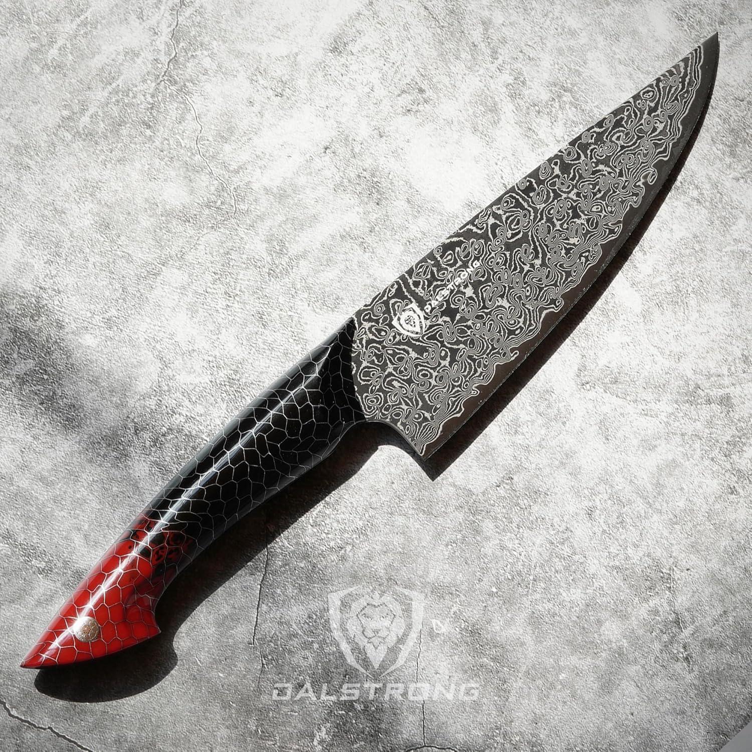 image:imageDalstrong Crixus Chef Knife 8 inch Scorpion Series Exclusive Japanese V12 Ultra Steel Black Damascus Black amp Red Honeycomb Resin Handle Versatile Chopping Kitchen Knife Leather Sheath8 Chef Knife