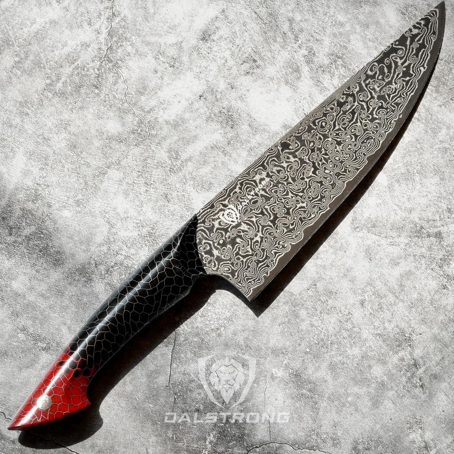 image:imageDalstrong Crixus Chef Knife 8 inch Scorpion Series Exclusive Japanese V12 Ultra Steel Black Damascus Black amp Red Honeycomb Resin Handle Versatile Chopping Kitchen Knife Leather Sheath95 Chef Knife