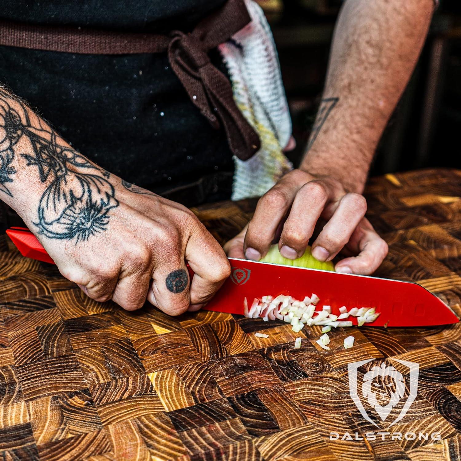 image:imageDalstrong Santoku Knife 7 inch Shadow Black Series Razor Sharp Kitchen Knife Black Titanium Nitride Coated High Carbon 7CR17MOVX Vacuum Treated Steel Sheath Vegetable NSF CertifiedMarauder Red