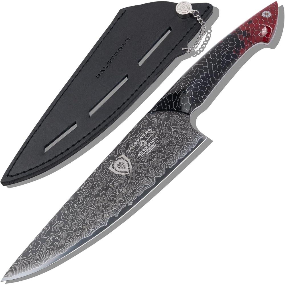 image:imageDalstrong Crixus Chef Knife 8 inch Scorpion Series Exclusive Japanese V12 Ultra Steel Black Damascus Black amp Red Honeycomb Resin Handle Versatile Chopping Kitchen Knife Leather Sheath8 Chef Knife