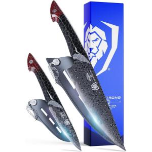 Dalstrong Crixus Chef Knife – 8 inch – Scorpion Series – Exclusive Japanese V12 Ultra™ Steel – Black Damascus – Black & Red Honeycomb Resin Handle – Versatile Chopping Kitchen Knife Leather Sheath(2pc 8″ Set)