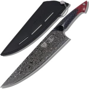 Dalstrong Crixus Chef Knife – 8 inch – Scorpion Series – Exclusive Japanese V12 Ultra™ Steel – Black Damascus – Black & Red Honeycomb Resin Handle – Versatile Chopping Kitchen Knife Leather Sheath(9.5″ Chef Knife)