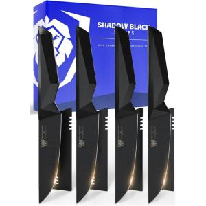 Dalstrong Steak Knife Set-4pc- 5″ Blade-Shadow Black Series-Black Titanium Nitride Coated-H Carbon 7CR17MOV-X Vacuum Treated Steel-Dinner Set Kitchen Knives-Sheath-NSF Certified(Traditional Unique Ergonomic)