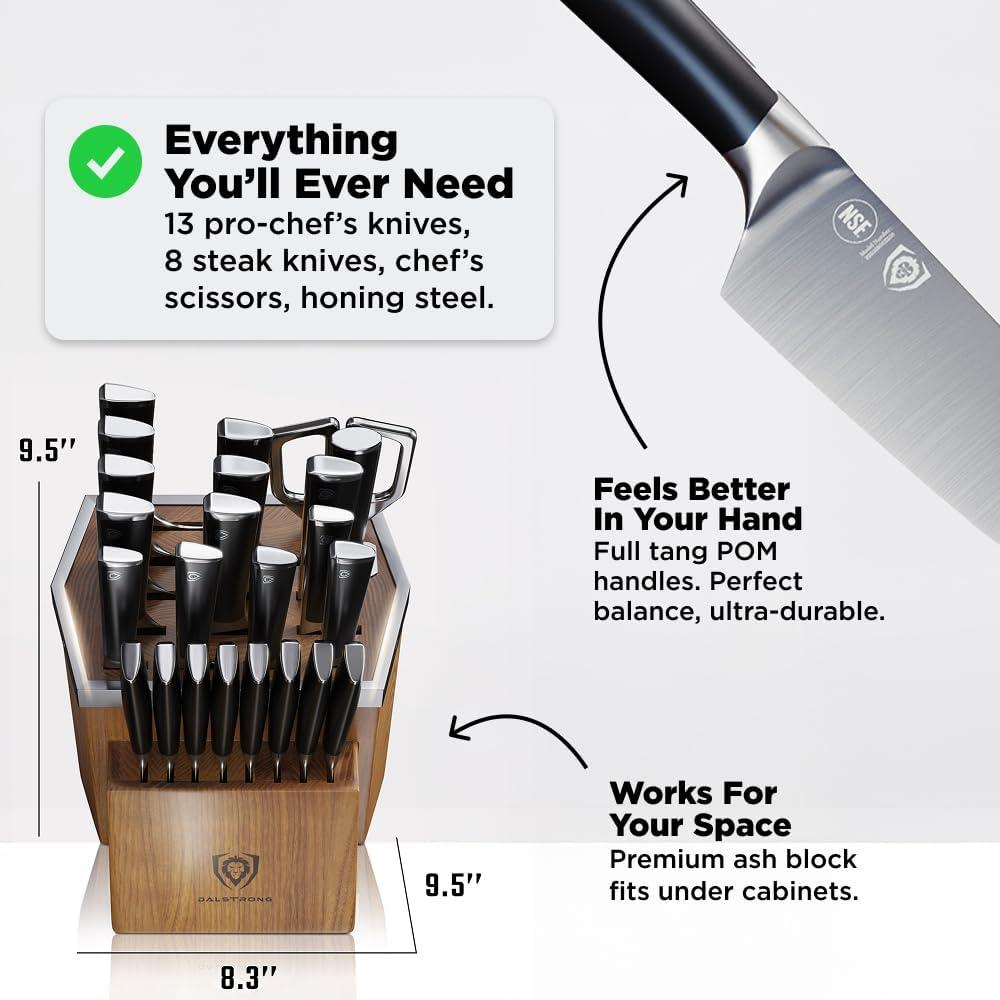 image:imageDalstrong 24 Piece Block Knife Set Vanquish Series Stainless Steel Knife Set with Block amp Kitchen Scissors Forged High Carbon German Steel Premium POM Black Handles NSF CertifiedBlack