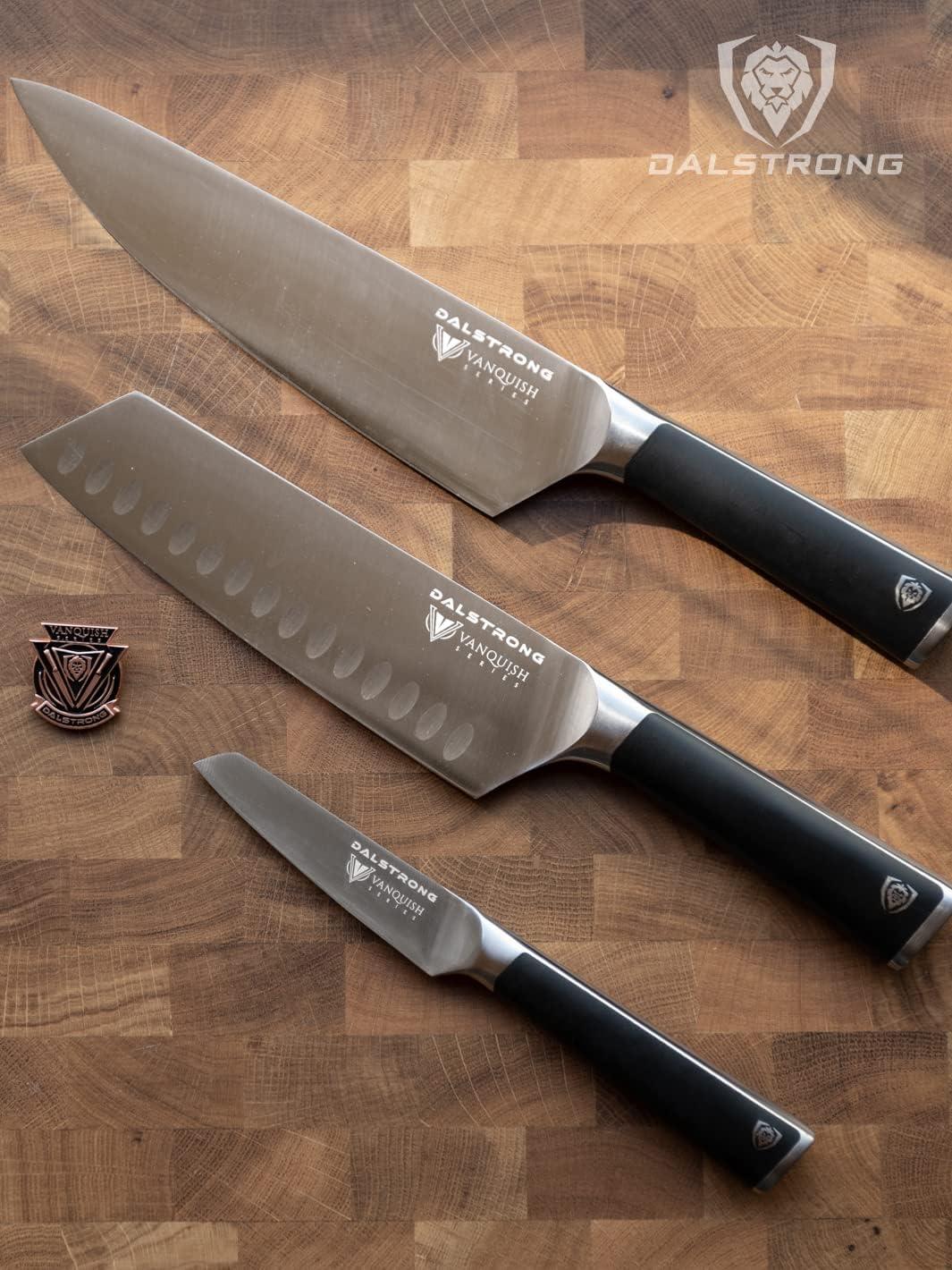 image:imageDalstrong 3pc Knife Set Vanquish Series Forged High Carbon German Steel Black Handle Chef Knife Santoku and Paring Razor Sharp Kitchen Set NSF CertifiedBlack