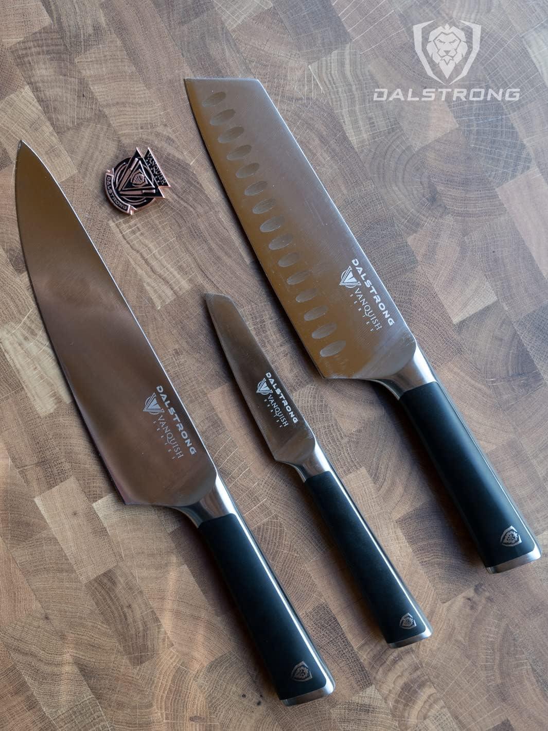 image:imageDalstrong 3pc Knife Set Vanquish Series Forged High Carbon German Steel Black Handle Chef Knife Santoku and Paring Razor Sharp Kitchen Set NSF CertifiedBlack