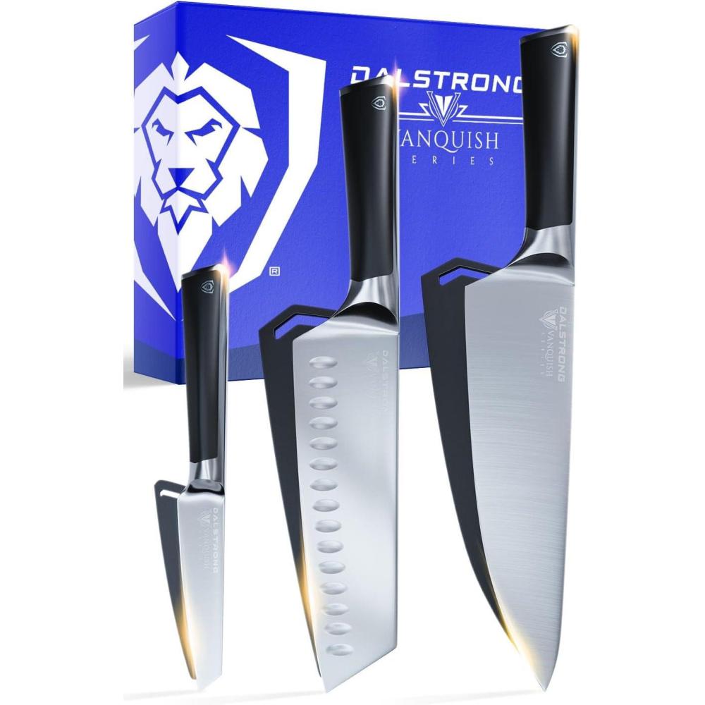 image:imageDalstrong 3pc Knife Set Vanquish Series Forged High Carbon German Steel Black Handle Chef Knife Santoku and Paring Razor Sharp Kitchen Set NSF CertifiedBlack