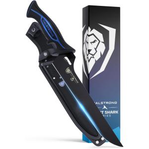 Dalstrong Gut Hook Fish Knife for Filleting and Cleaning – 5” – Night Shark Series – 7CR17MOV High Carbon Steel – Titanium Coated Blade- Polypropylene Handle – w/Sheath – NSF Certified(10 inch Offset Slicer)