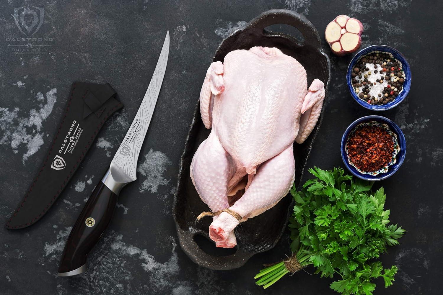 image:imageDalstrong Curved Boning Knife 6 inch Omega Series BD1NV Hyper Steel Kitchen Knife G10 Handle Razor Sharp Knife Leather Sheath Included