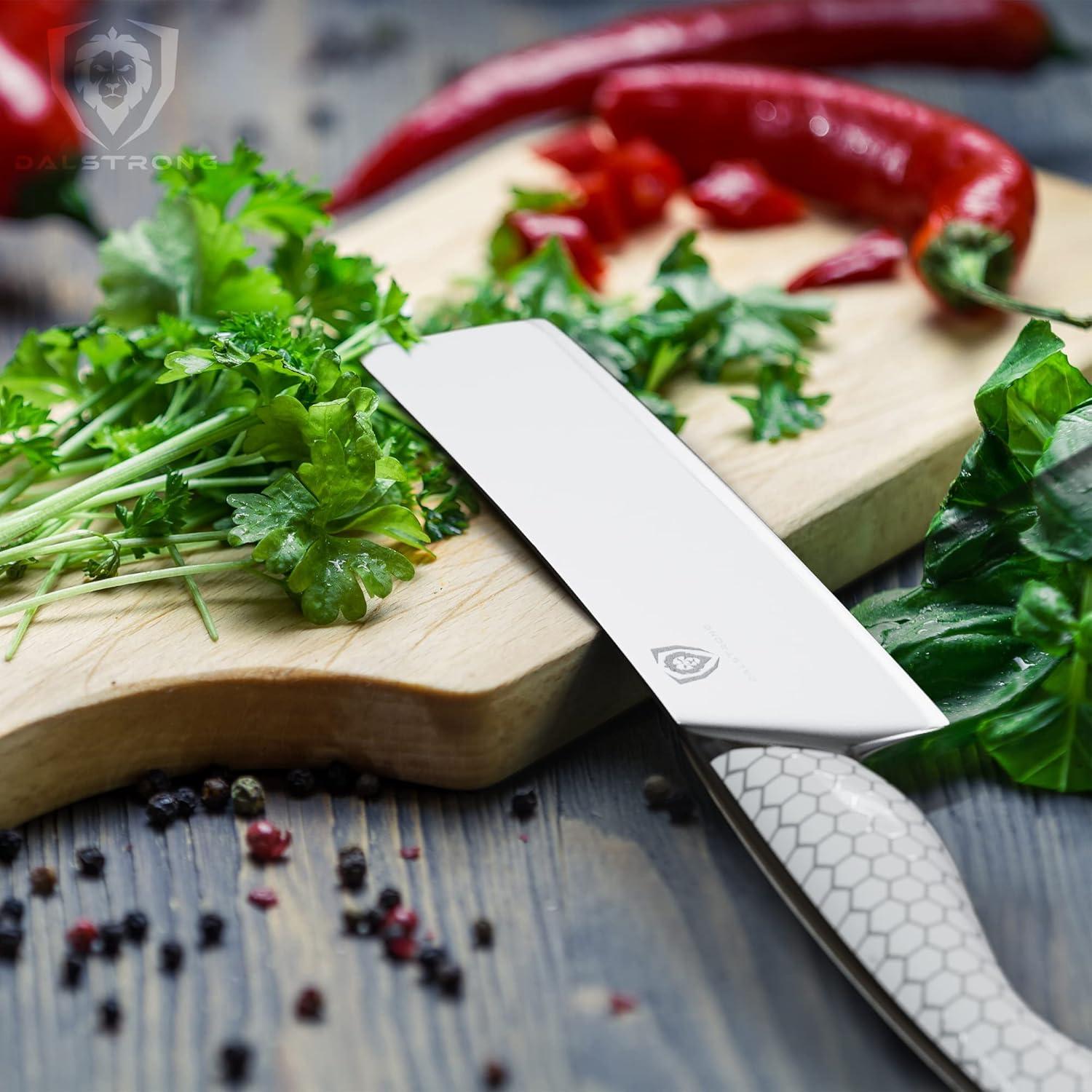 image:imageDalstrong Santoku Knife 7 inch Frost Fire Series High Chromium 10CR15MOV Stainless Steel Frosted Sandblast Finish White Honeycomb Handle Kitchen Knife Leather Sheath NSF CertifiedNakiri