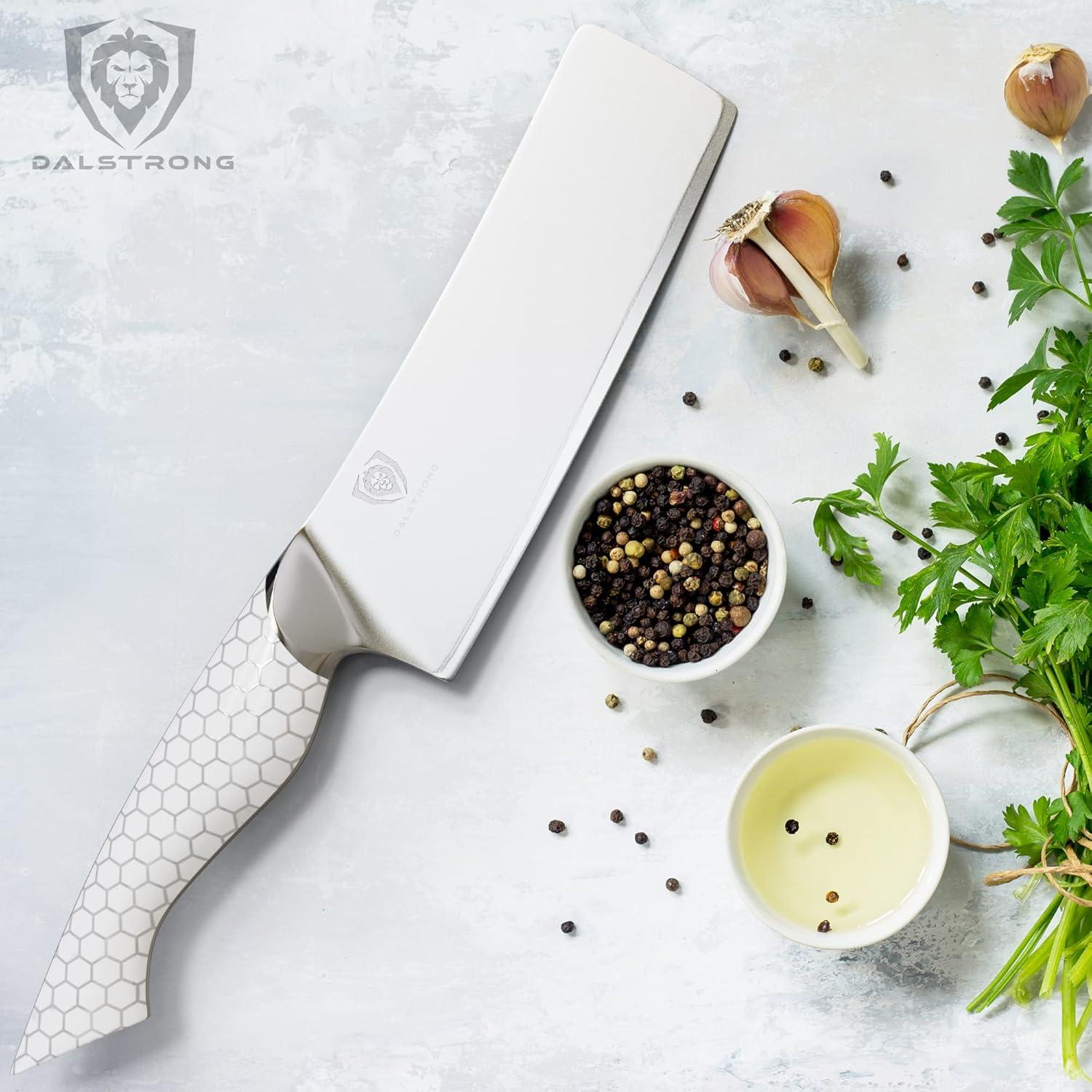 image:imageDalstrong Santoku Knife 7 inch Frost Fire Series High Chromium 10CR15MOV Stainless Steel Frosted Sandblast Finish White Honeycomb Handle Kitchen Knife Leather Sheath NSF CertifiedNakiri