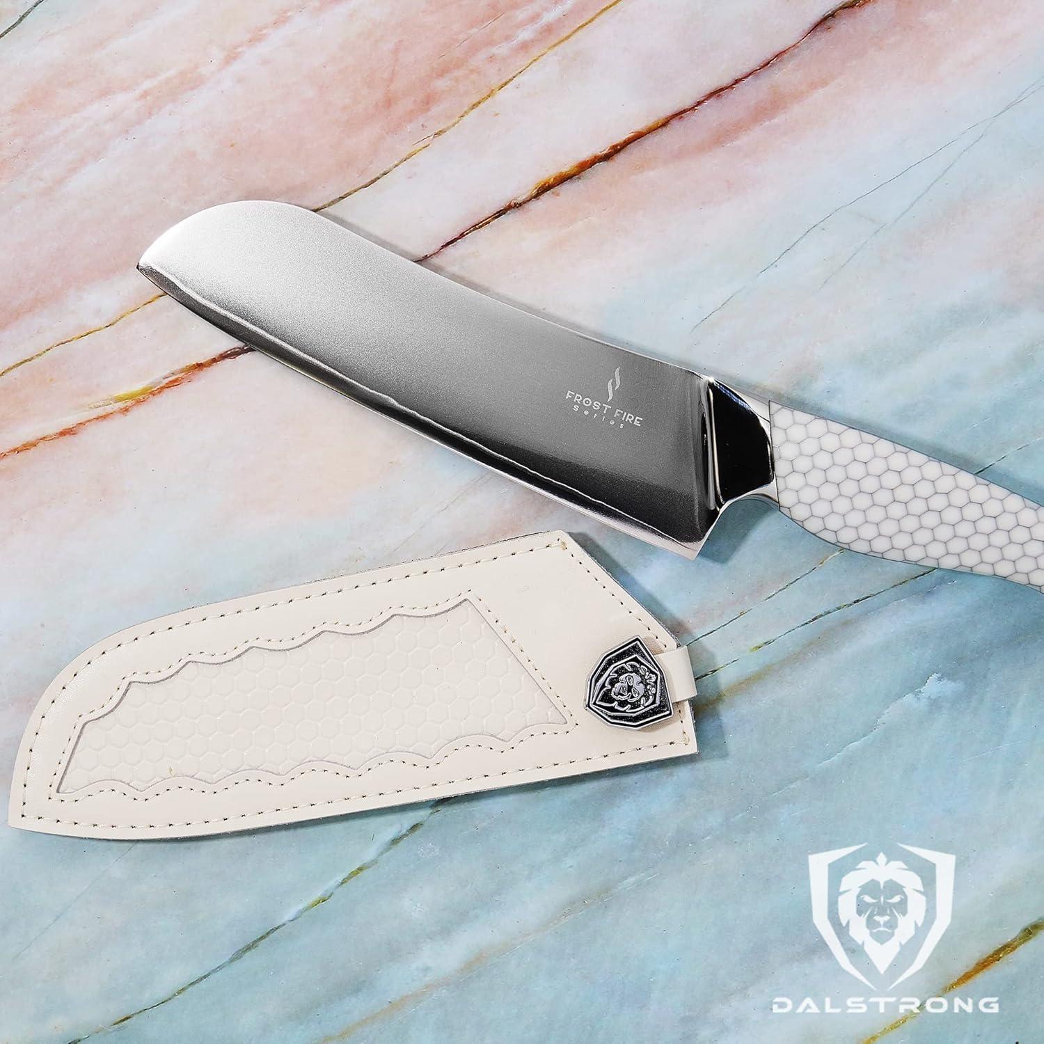 image:imageDalstrong Santoku Knife 7 inch Frost Fire Series High Chromium 10CR15MOV Stainless Steel Frosted Sandblast Finish White Honeycomb Handle Kitchen Knife Leather Sheath NSF CertifiedSantoku