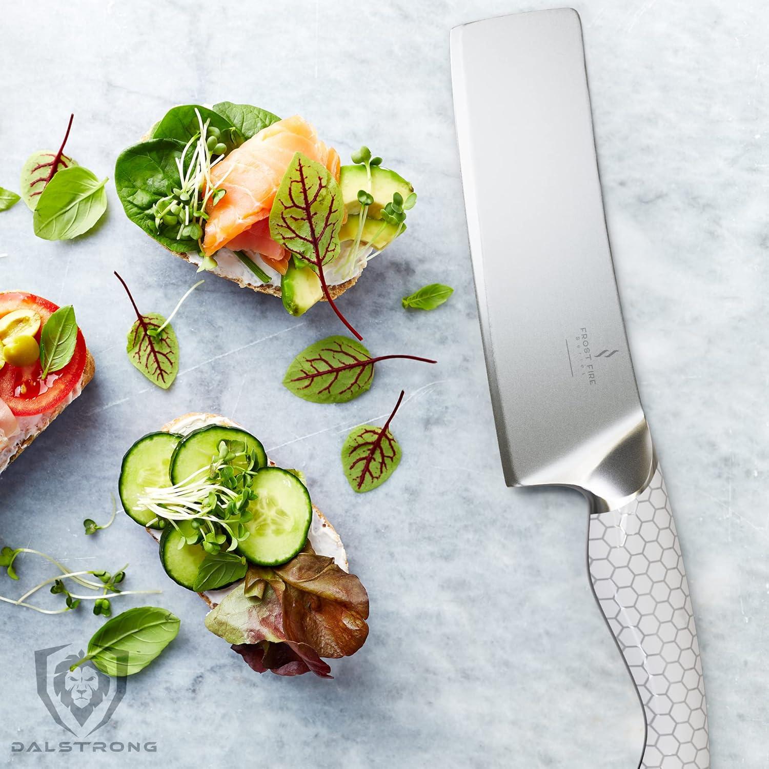 image:imageDalstrong Santoku Knife 7 inch Frost Fire Series High Chromium 10CR15MOV Stainless Steel Frosted Sandblast Finish White Honeycomb Handle Kitchen Knife Leather Sheath NSF CertifiedNakiri