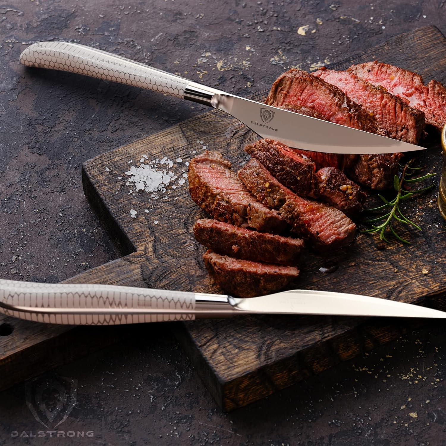 image:imageDalstrong Santoku Knife 7 inch Frost Fire Series High Chromium 10CR15MOV Stainless Steel Frosted Sandblast Finish White Honeycomb Handle Kitchen Knife Leather Sheath NSF CertifiedSteak Knives