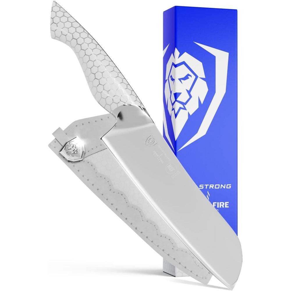 image:imageDalstrong Santoku Knife 7 inch Frost Fire Series High Chromium 10CR15MOV Stainless Steel Frosted Sandblast Finish White Honeycomb Handle Kitchen Knife Leather Sheath NSF CertifiedSantoku