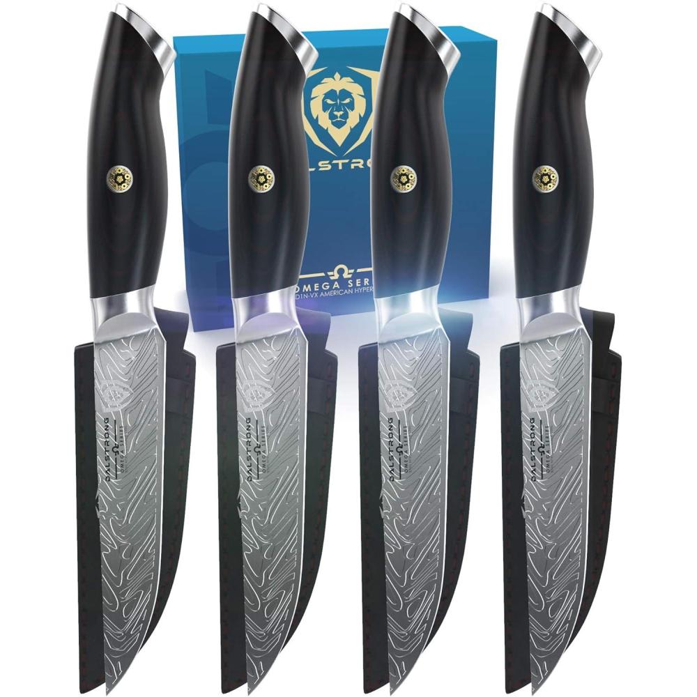 image:imageDalstrong Steak Knife Set  4 Piece  5 inch Blade  Omega Series  BD1NV Hyper Steel Kitchen Knife  G10 Woven Fiberglass Handle  Razor Sharp Knife  Leather Sheath Included