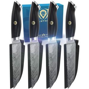 Dalstrong Steak Knife Set – 4 Piece – 5 inch Blade – Omega Series – BD1N-V Hyper Steel Kitchen Knife – G10 Woven Fiberglass Handle – Razor Sharp Knife – Leather Sheath Included