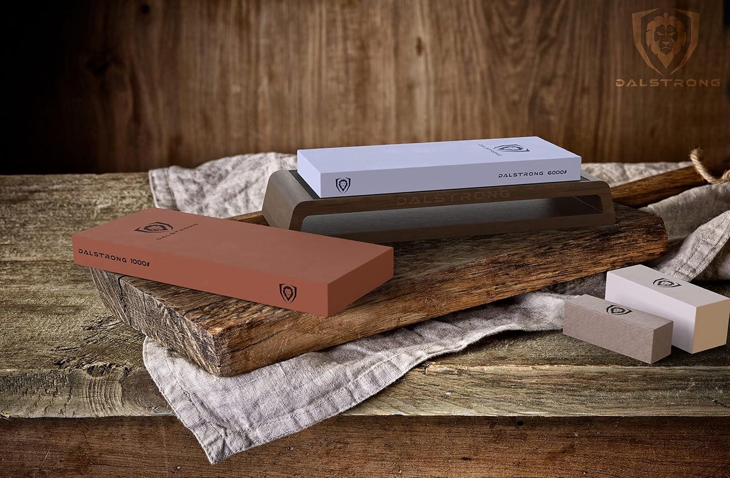 image:imageDALSTRONG 18piece Gladiator Series Knife Block amp Whetstone Grit Set German HC Steel Blades Acacia Wood Stand White ABS Handles NSF Certificate Premium Corundum Thick Sharpening Stones