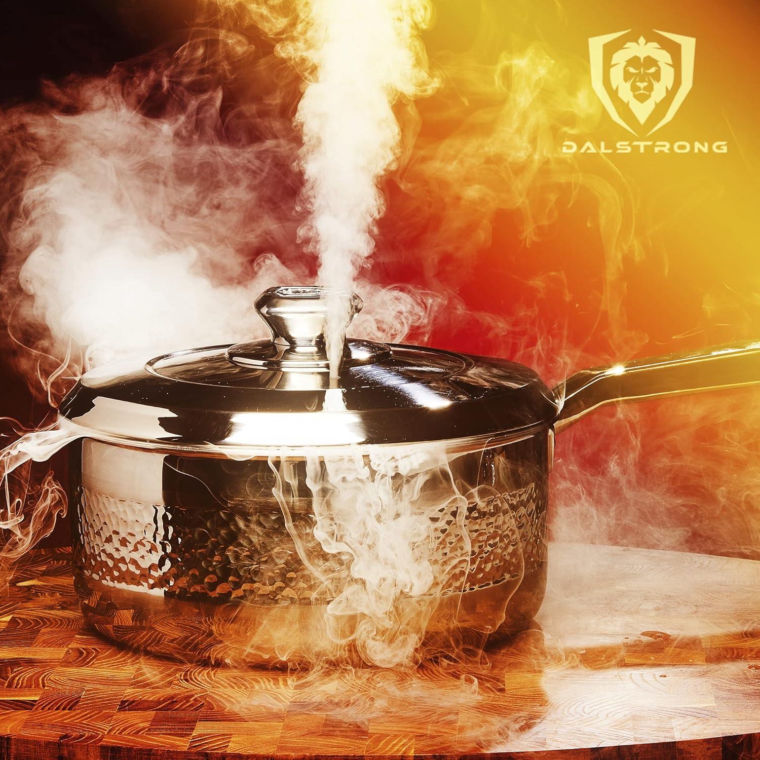 image:imageDALSTRONG 3 QT Stock Pot The Avalon Series 5Ply Copper Core Hammered Finish Silver wLid