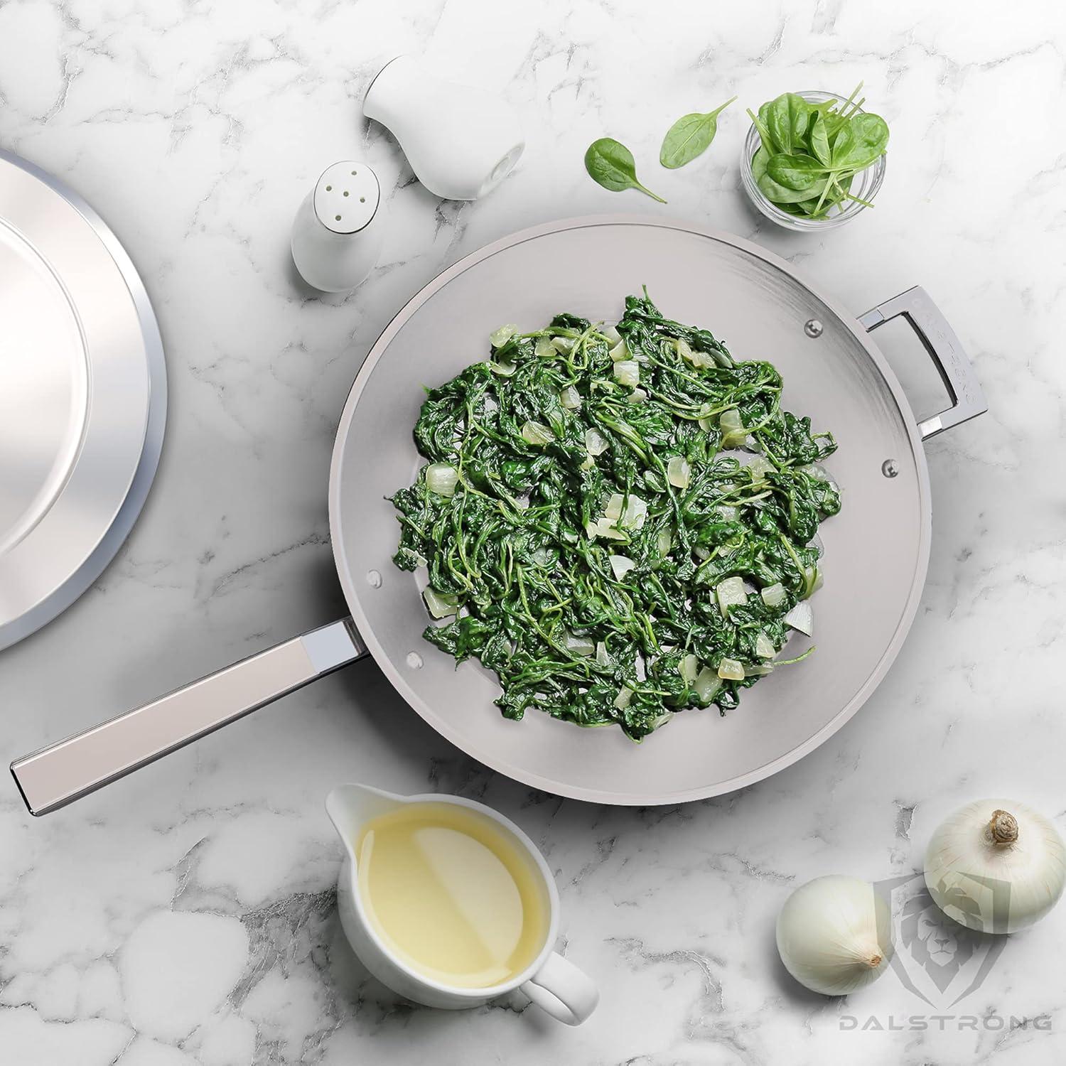 image:imageDALSTRONG Frying Pan Skillet 12 inch The Avalon Series 5Ply Copper Core Hammered Finish Cooking Pan 3 Quart Premium Silver Kitchen Cookware Omelet Beef Egg Pan wLid amp Pot Protector